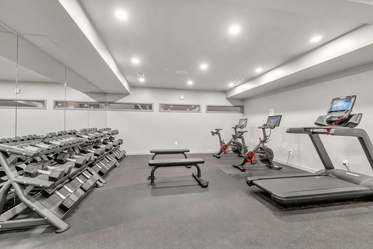 A state-of-the-art gym featuring a rack of dumbbells, treadmill, stationary bikes, and a weight bench, all set in a modern, well-lit interior. The space is designed for personal workouts and group fitness sessions.
