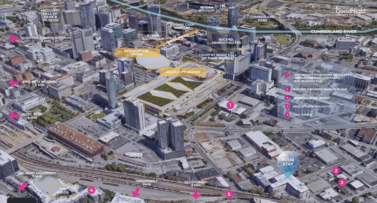 A panoramic daytime view of central Nashville landmarks, including Music City Center, Bridgestone Arena, Cumberland River, and Nissan Stadium. The image captures the exciting and lively pulse of downtown, with possibilities for exploration clearly visible.